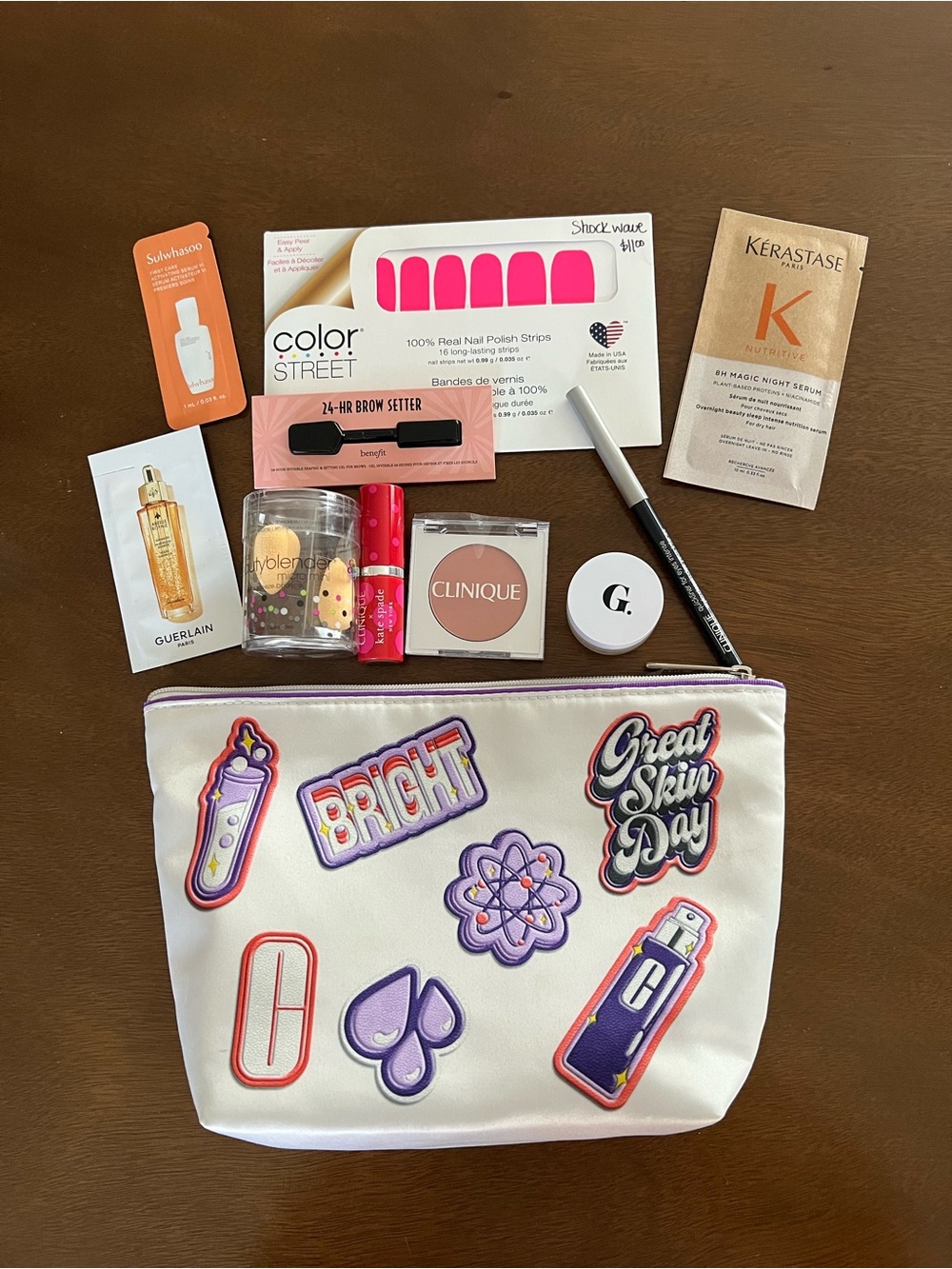New Clinique Makeup Bag w Kate Spade lipstick, polish strips, eyeliner & blush